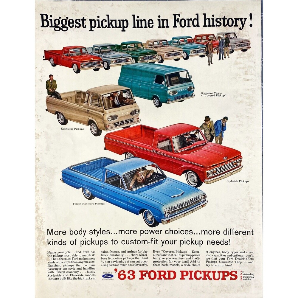 '63 Ford Pickups "Biggest pickup line in Ford History!" Vintage Print Ad 1963